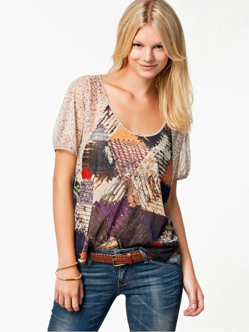 Denim & Supply Ralph Lauren Patchwork Sheer Mesh Top Western Cottage Boho Size M